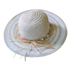 Island Beach Wide Brim Adjustable Sun Hat with shell accent EUC